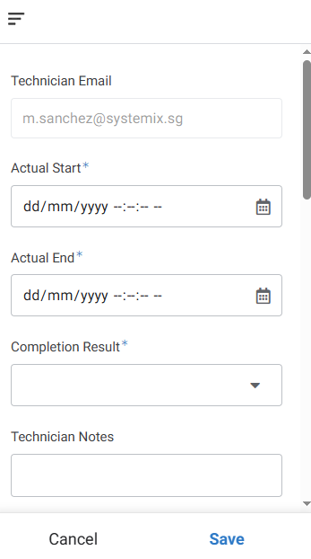 Technician completion form showing timing, completion result and service notes