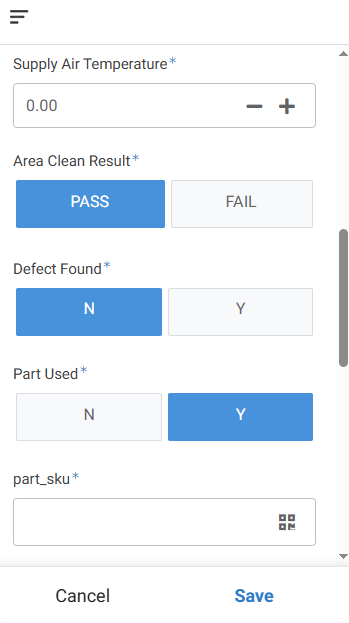 Technician service controls showing readings, results, defects and parts used