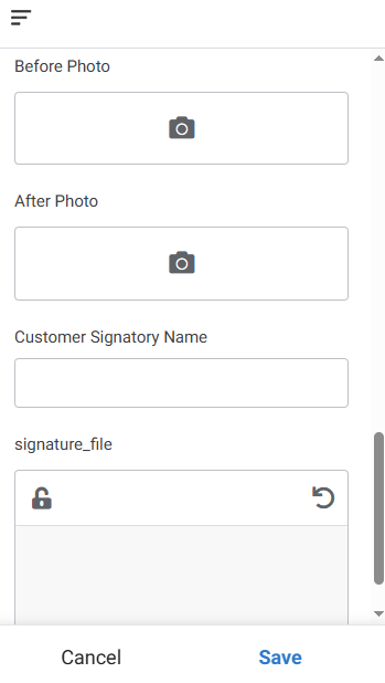 Technician evidence capture showing before photo, after photo and customer signature fields