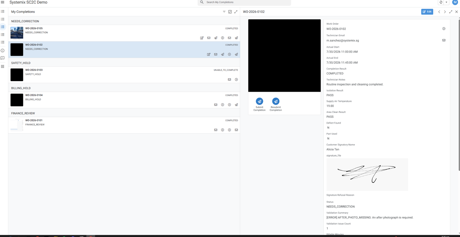 Completion queue showing correction, safety hold, billing hold and finance review states