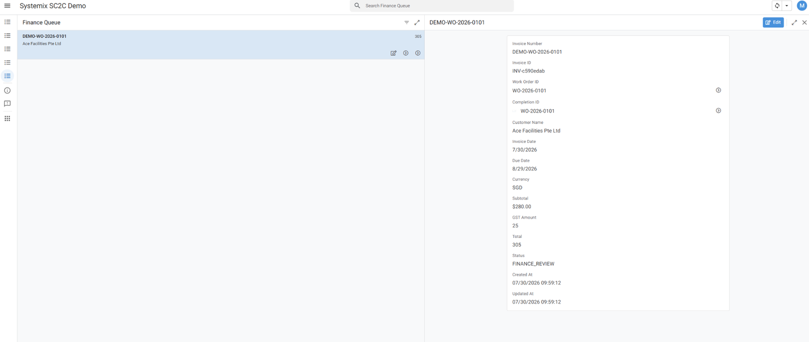 Finance review queue showing a linked invoice draft and its billing details